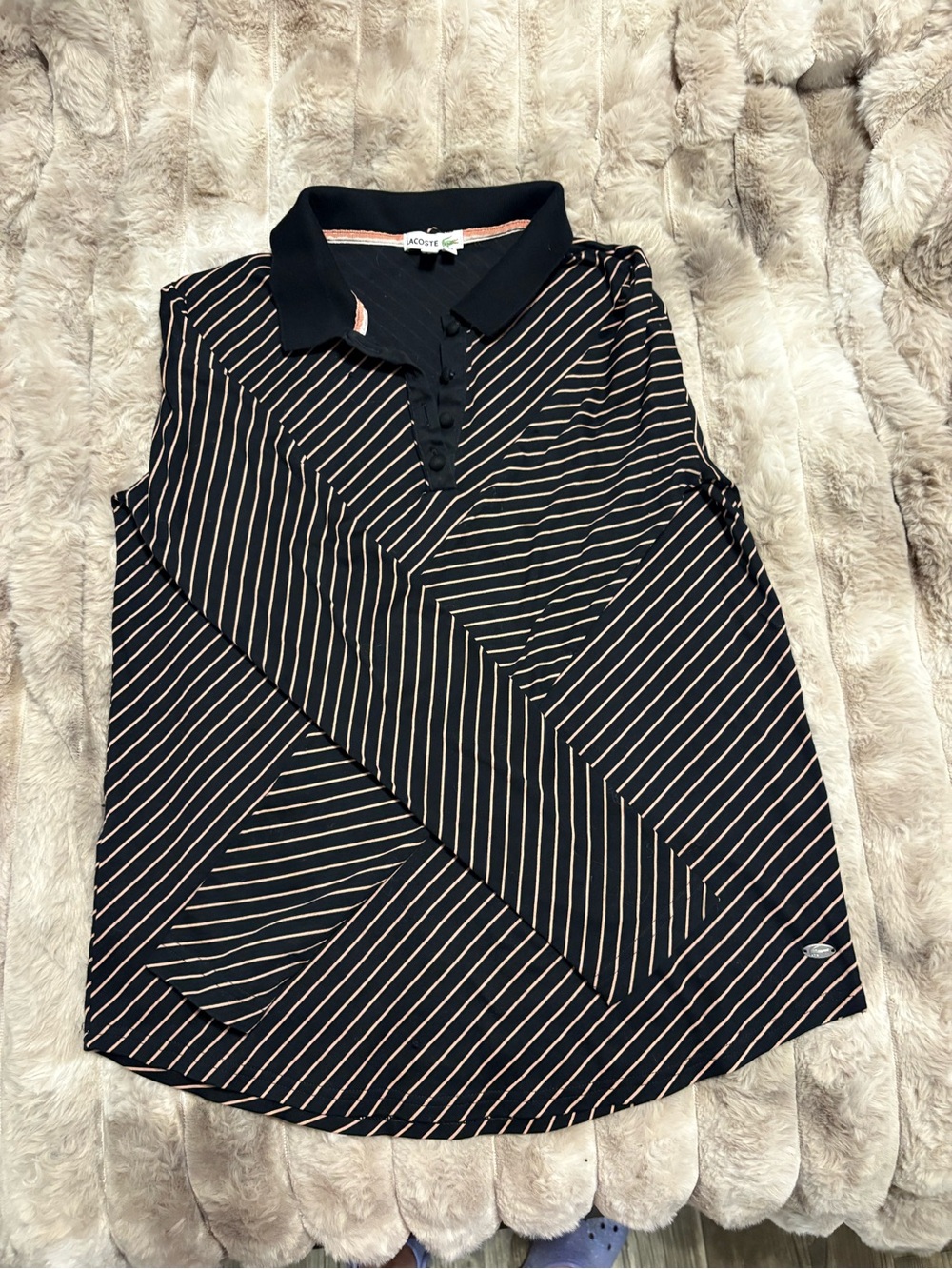 Lacoste Black Sleeveless Striped Polo Tank with Cream Pinstripes